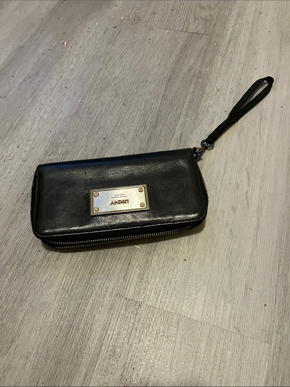 DKNY Black Leather Zip Wallet with Gold-Tone Logo Charms